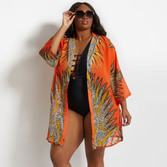 Ashley Stewart Abstract Kimono Swim 